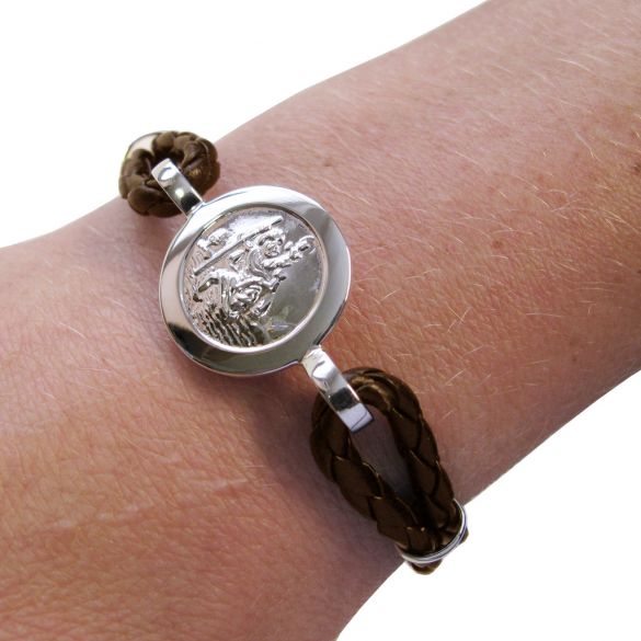Ladies Leather and Sterling Silver St Christopher Bracelet With Optional Engraving