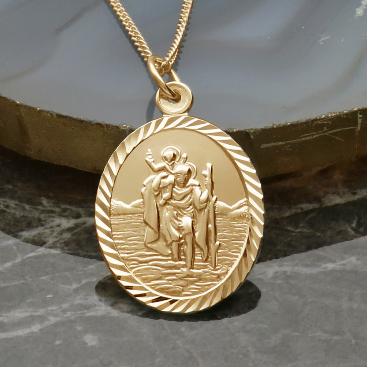 9ct Yellow Gold Vermeil Diamond Cut Large Oval St Christopher Pendant With Optional Engraving and Chain