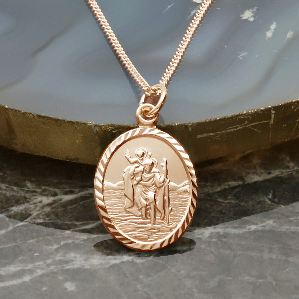 9ct Rose Gold Vermeil Diamond Cut Oval St Christopher Pendant With Optional Engraving and Chain