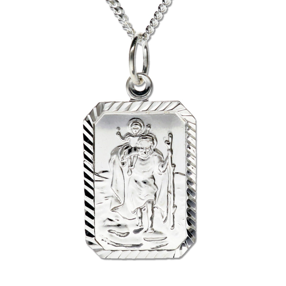 Sterling Silver Diamond Cut Large Rectangle St Christopher Pendant With Optional Engraving