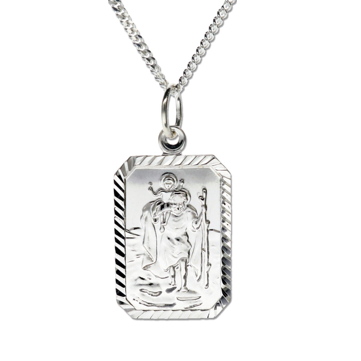 Sterling Silver Diamond Cut Rectangle St Christopher Pendant