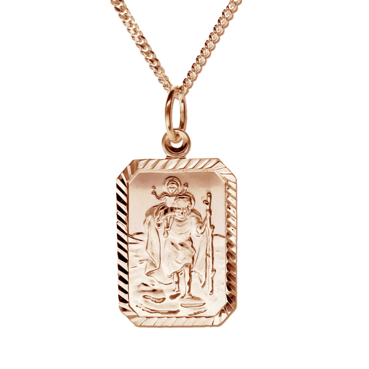 9ct Rose Gold Vermeil Diamond Cut Rectangle St Christopher Pendant With Optional Engraving On Curb Chain