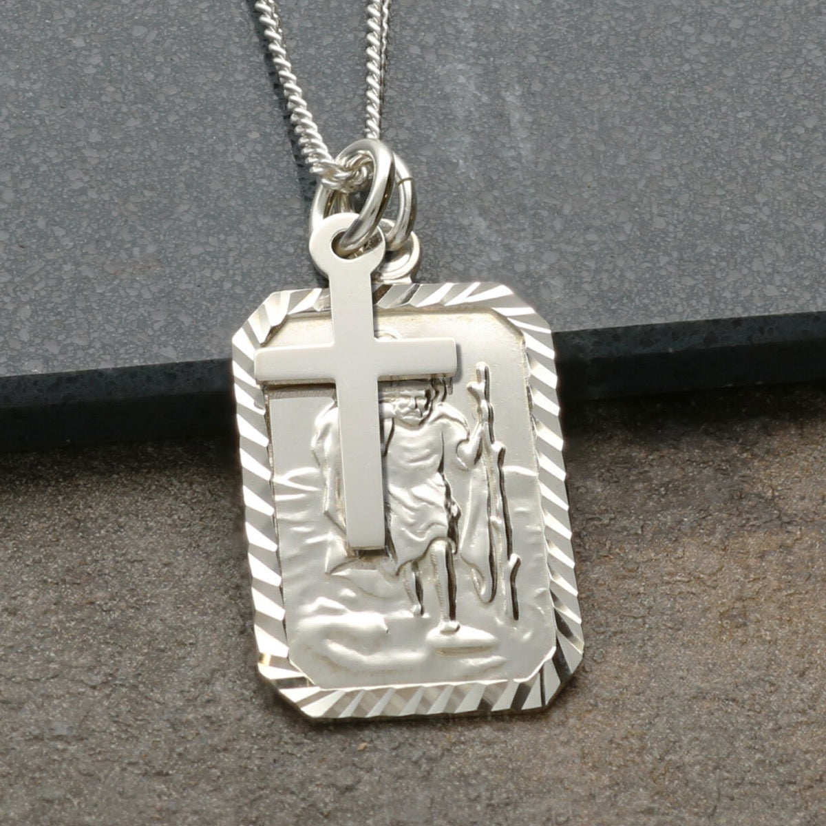 Sterling Silver Diamond Cut Rectangle St Christopher Pendant With Cross, Optional Engraving and Chain