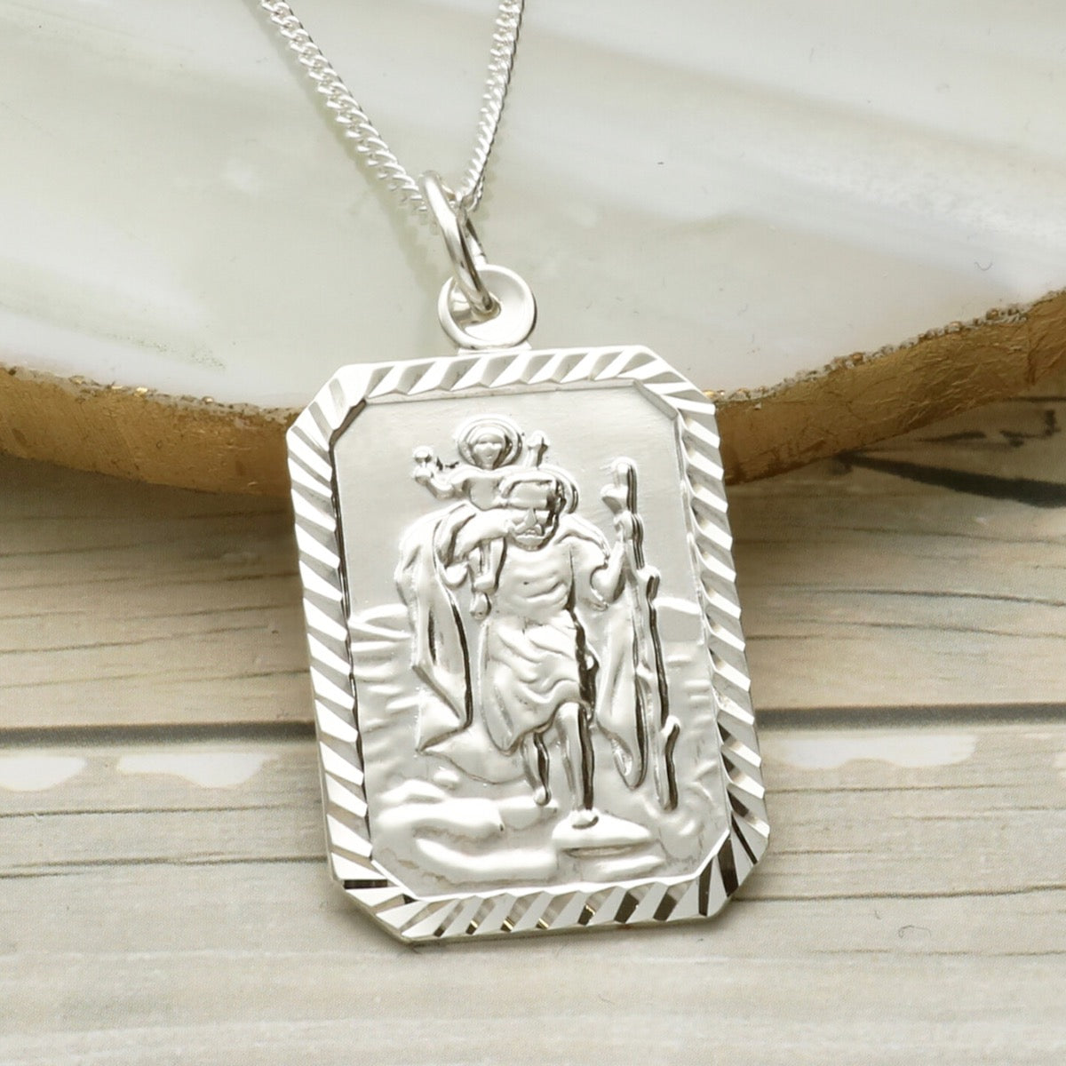 Sterling Silver Diamond Cut Large Rectangle St Christopher Pendant With Optional Engraving and Chain