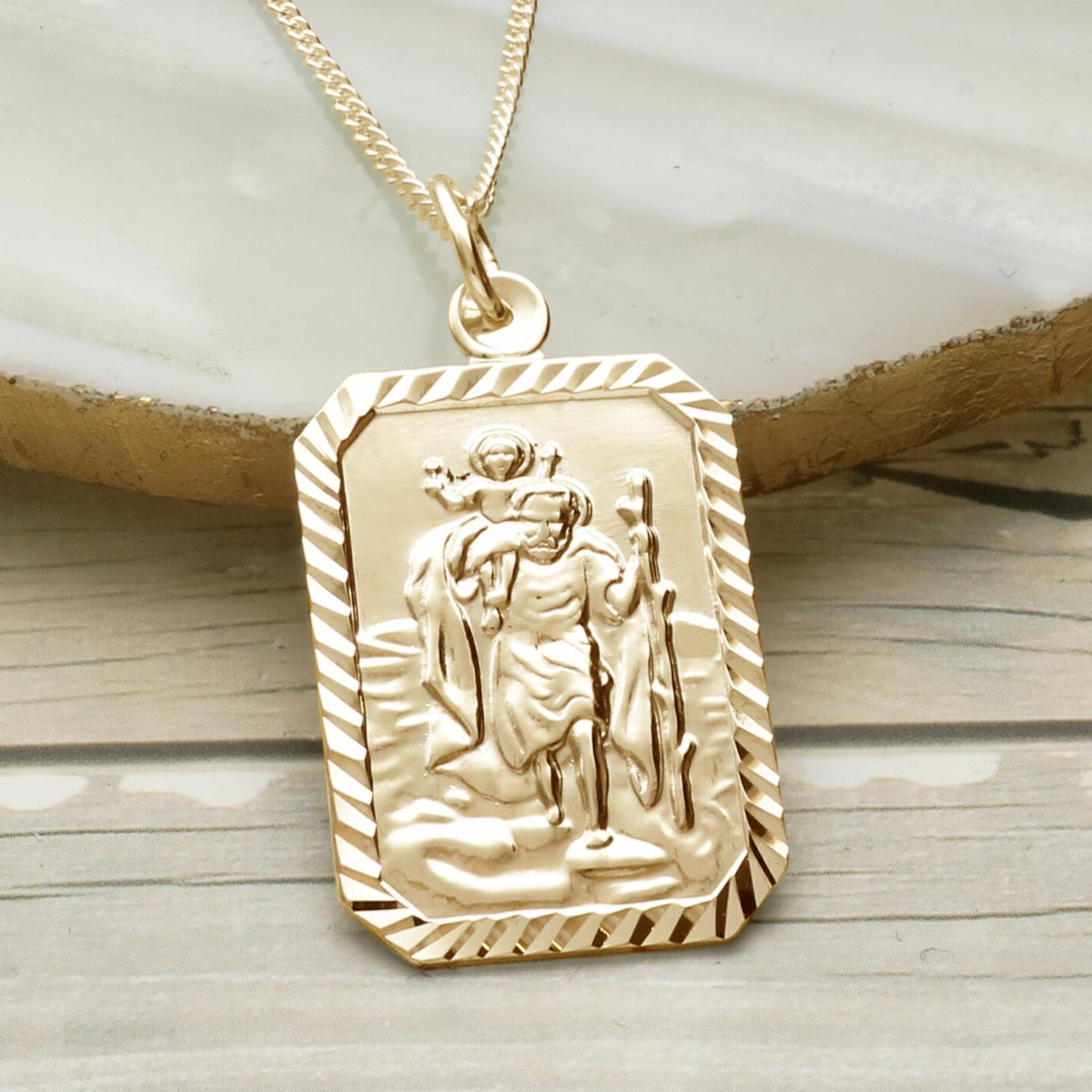 9ct Yellow Gold Diamond Cut Large Rectangle St Christopher Pendant With Optional Engraving and Chain