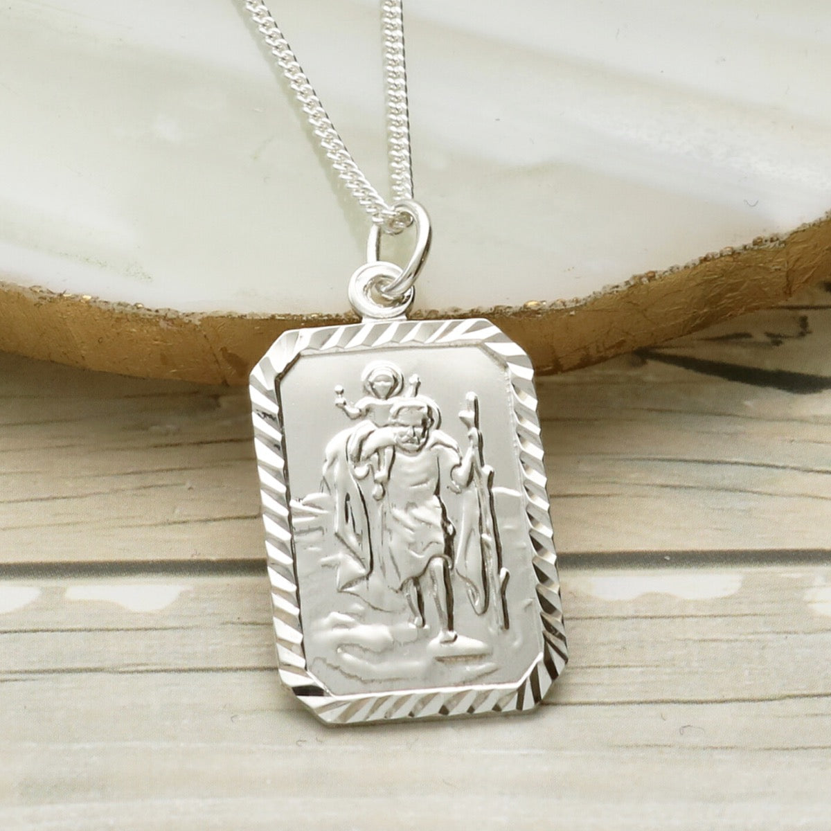 9ct White Gold Diamond Cut Rectangle St Christopher Pendant With Optional Engraving and Chain