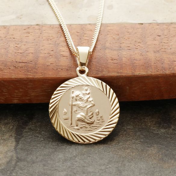 9ct Yellow Gold Vermeil 16mm Diamond Cut St Christopher Pendant With Optional Personalisation and Chain