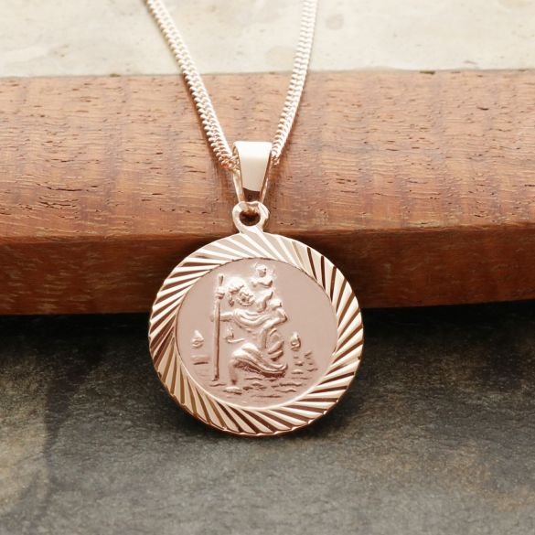 9ct Rose Gold Vermeil 16mm Diamond Cut St Christopher Pendant With Optional Personalisation and Chain