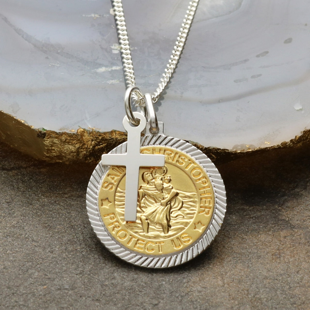 Sterling Silver and Gold Vermeil 18mm Diamond Cut St Christopher Pendant With Optional Engraving and Chain