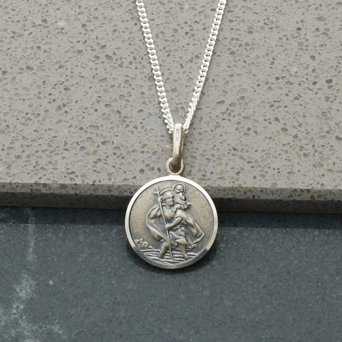 Antique Finish Sterling Silver 12mm St Christopher Pendant With Optional Engraving and Chain