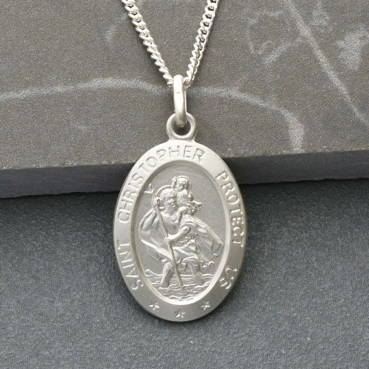 Sterling Silver Satin Oval St Christopher Pendant With Optional Engraving and Chain