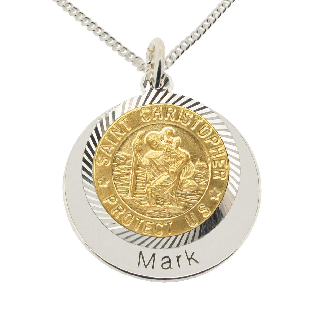 Yellow Gold Vermeil & Sterling Silver Personalised Round St Christopher With Travellers Prayer