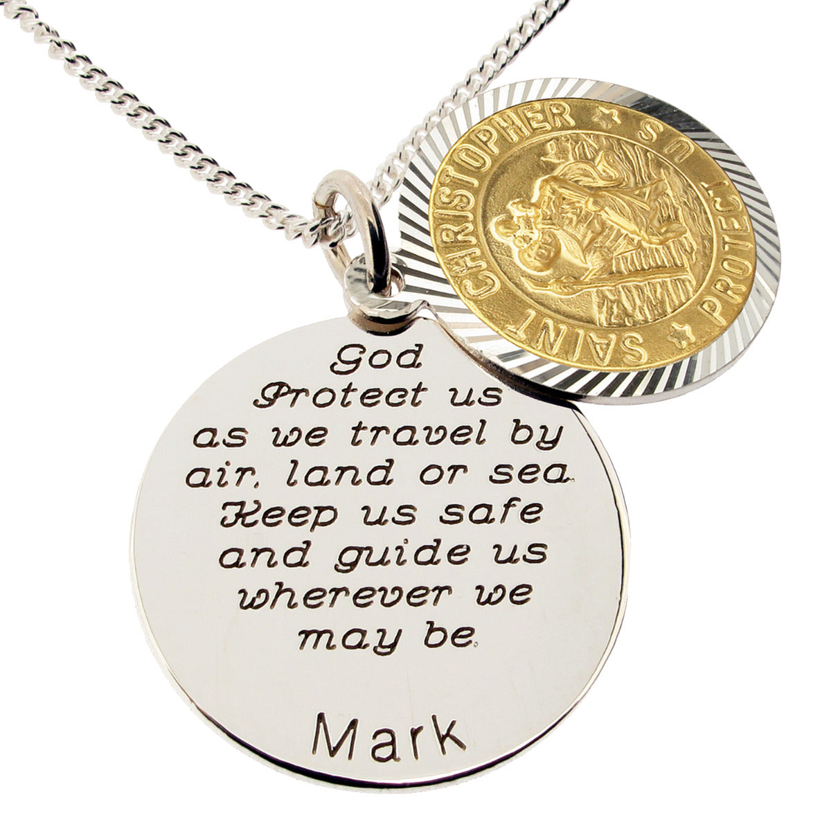 Yellow Gold Vermeil & Sterling Silver Personalised Round St Christopher With Travellers Prayer