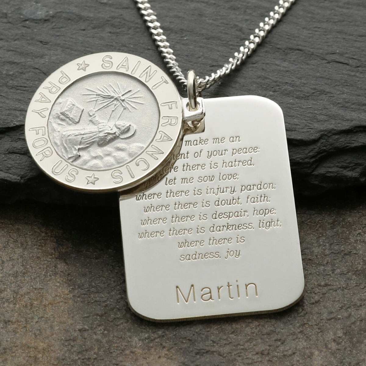 Sterling Silver St Francis Pendant With Personalised Concealed Prayer Tag and Optional Engraving