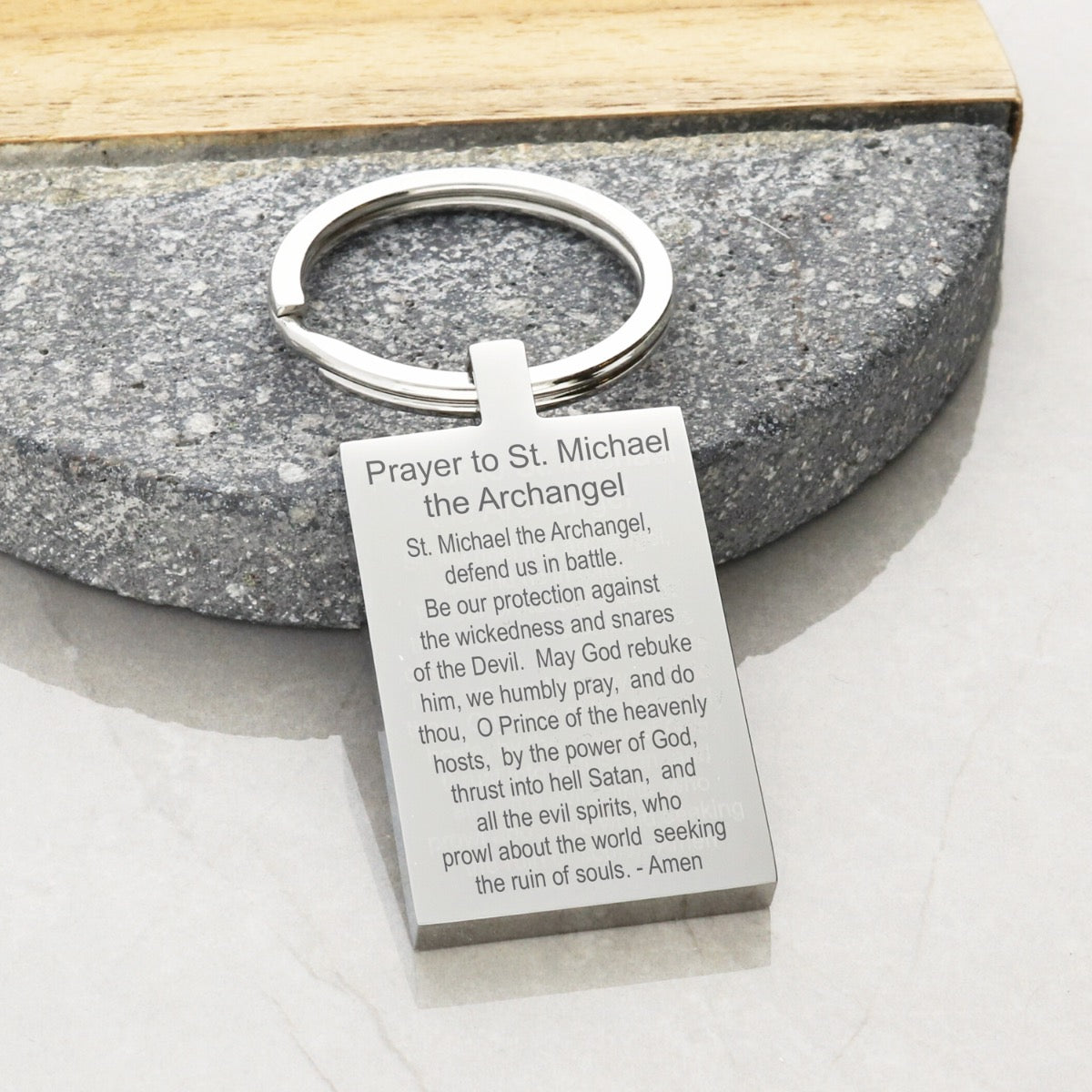 Mirror Polished Personalised Rectangle St Michael Keyring With Prayer