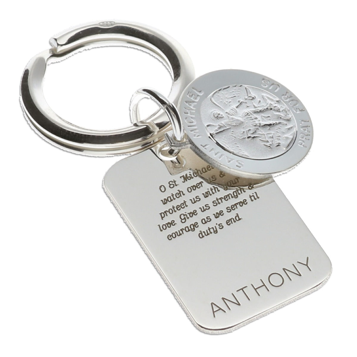 Sterling Silver Personalised Rectangle St Michael Keyring With Prayer  - Open