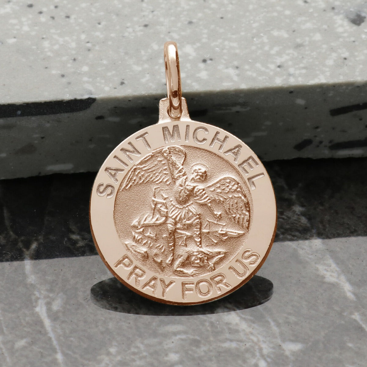 9ct Rose Gold Vermeil St Michael round Medal pendant with the words  "Saint Michael Pray for Us"  engraved around the front border.