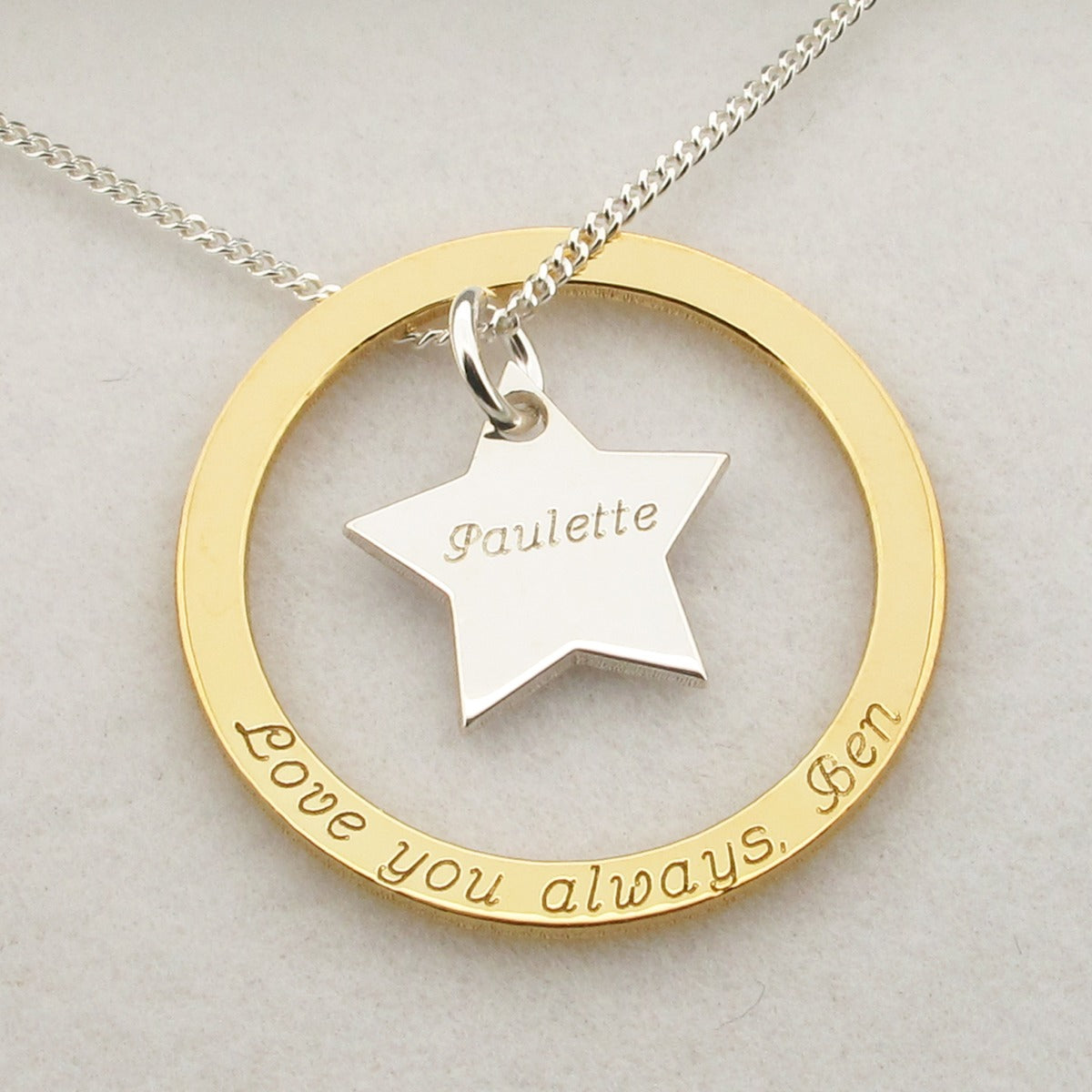 Gold Vermeil & Sterling Silver Eternity Star Engraved Pendant Necklace