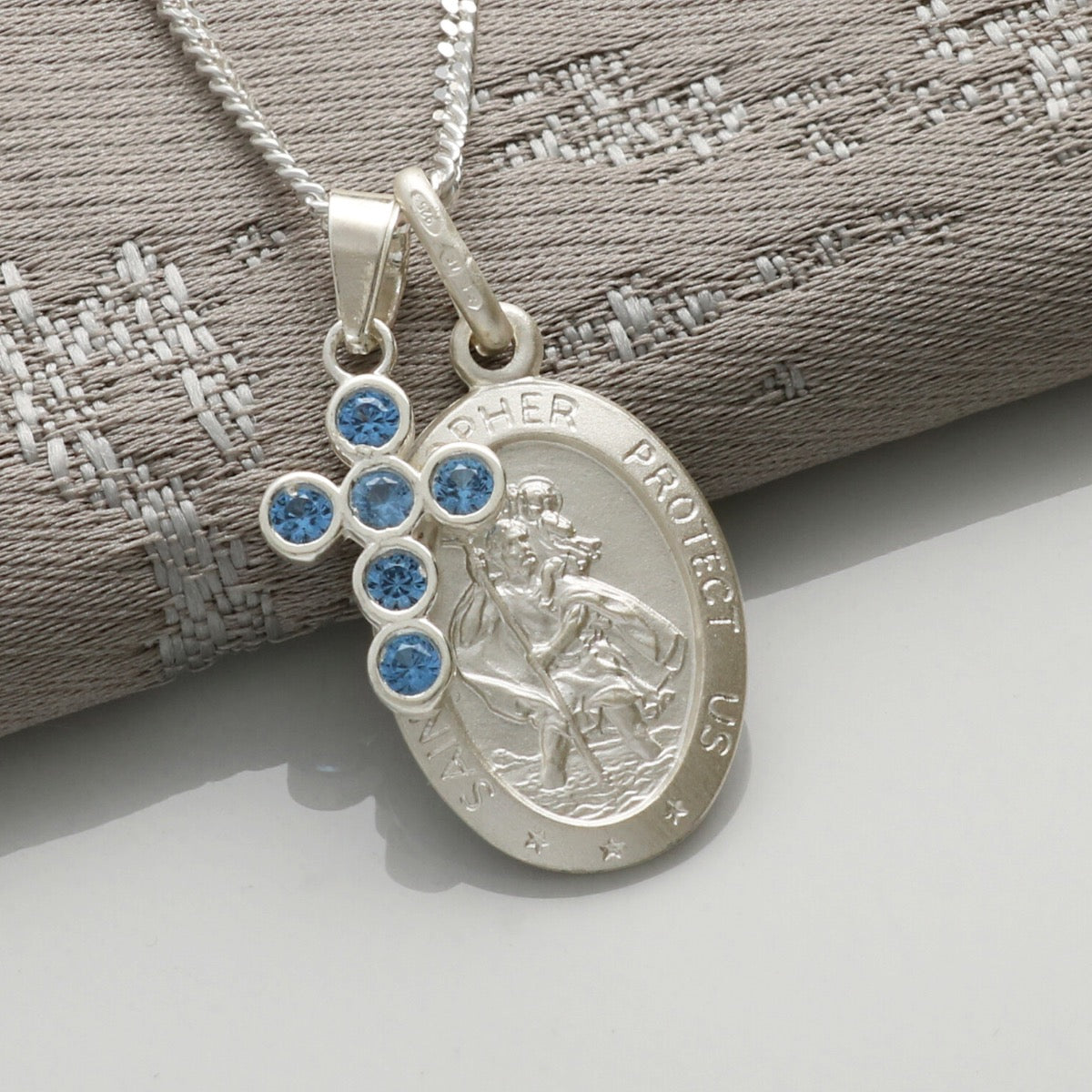 Sterling Silver Small Satin Oval St Christopher Necklace With Crystal Cross In Various Colours And Optional Engraving