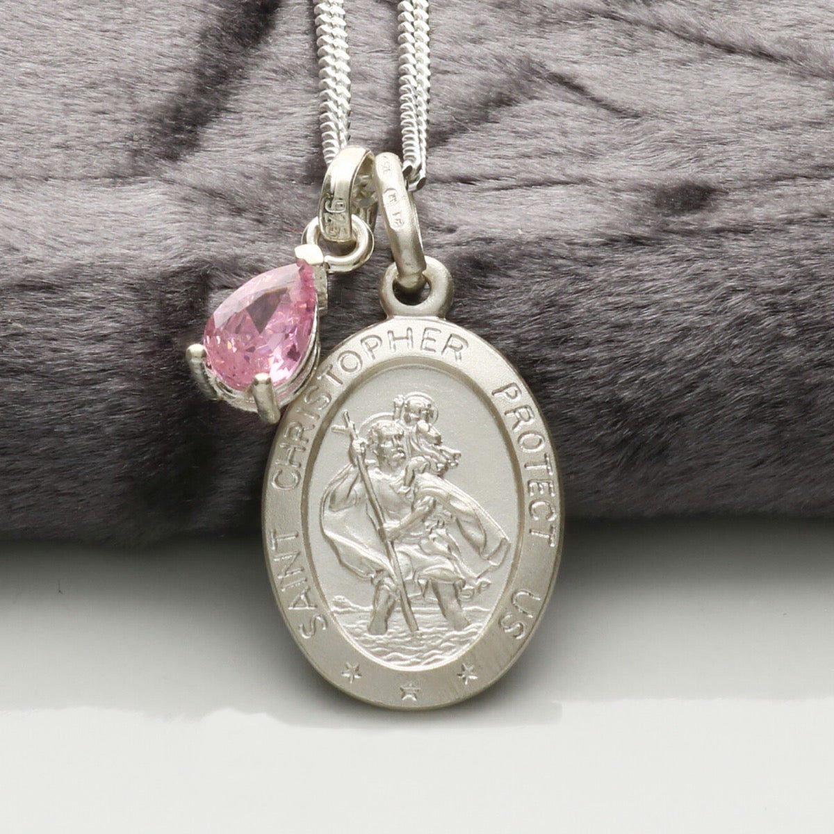 Sterling Silver Small Satin Oval St Christopher Necklace With Teardrop Birthstone And Optional Engraving