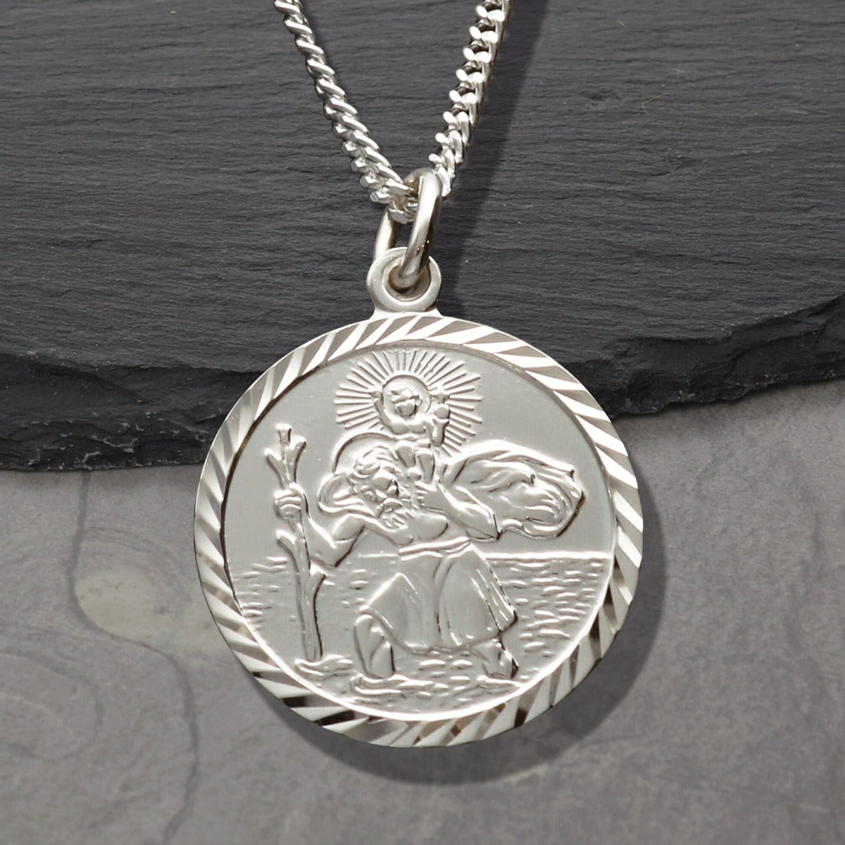 Sterling Silver Diamond Cut 19mm St Christopher Pendant With Optional Engraving and Chain