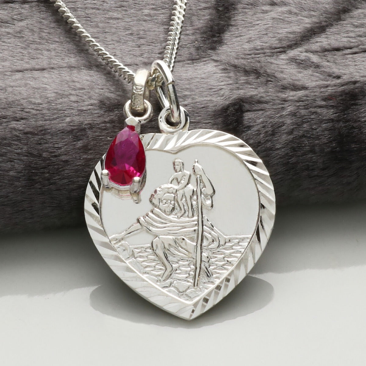 Sterling Silver Diamond Cut St Christopher Heart Necklace With Teardrop Birthstone And Optional Engraving