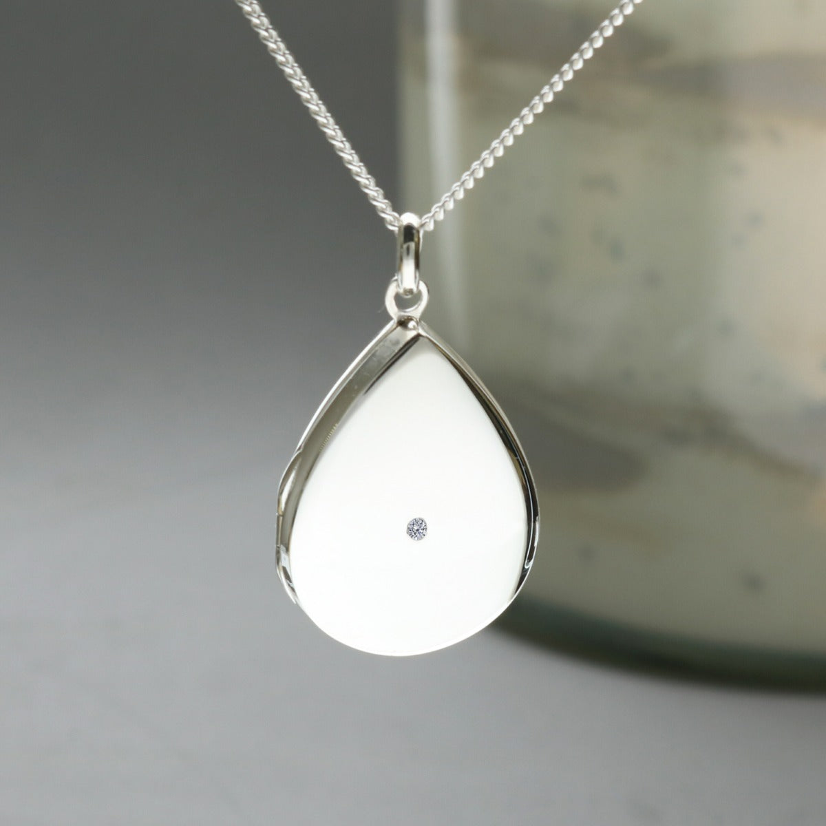 Sterling Silver Tear Drop Locket Set With CZ Crystal With Optional Engraving & Chain