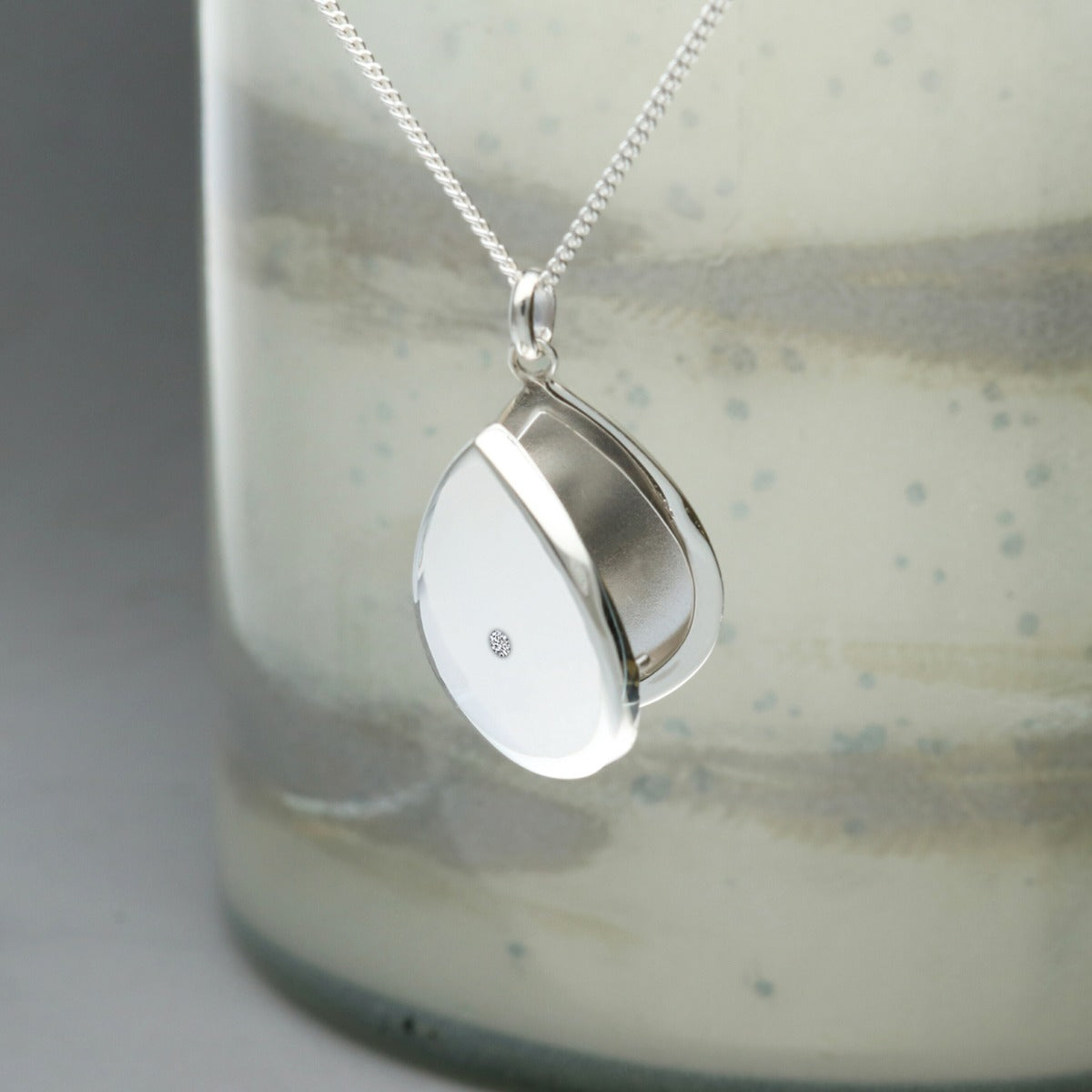 Sterling Silver Tear Drop Locket Set With CZ Crystal With Optional Engraving & Chain