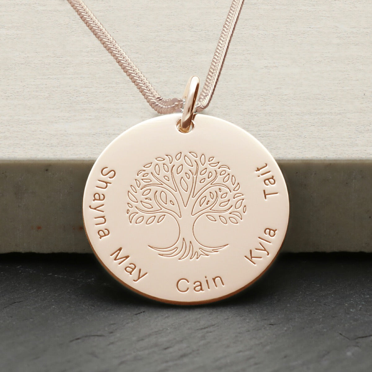 9ct Rose Gold Vermeil Engraved Tree Of Life Family Necklace