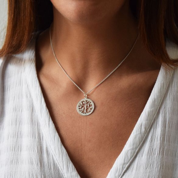 9ct White Gold Filigree Tree of Life Disc Personalised Family Necklace