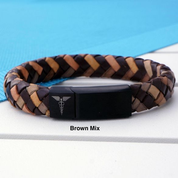 Unisex Leather and Stainless Steel Medic Bracelet with Free Engraving