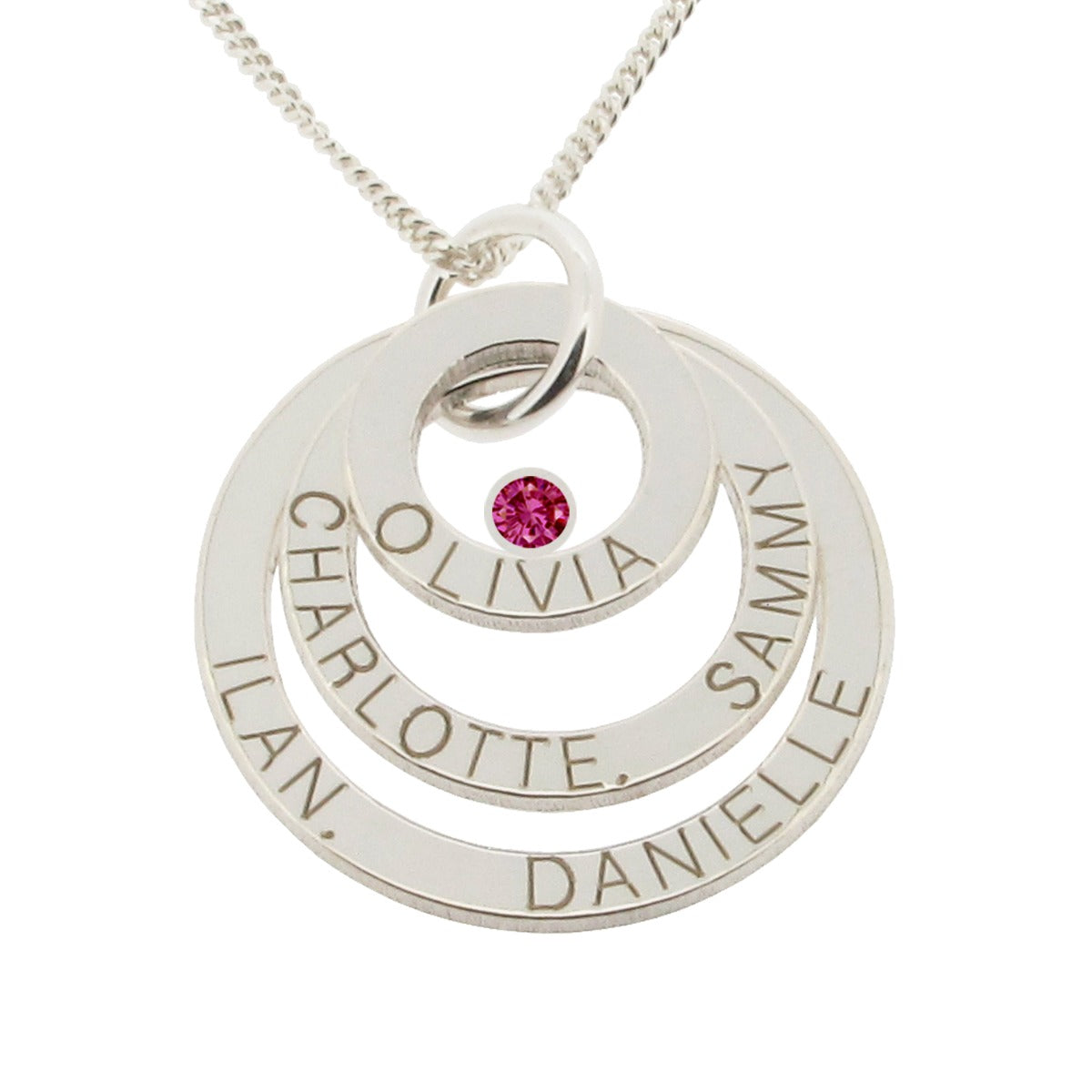 9ct White Gold Engraved Triple Disc Personalised Family Necklace With Ruby