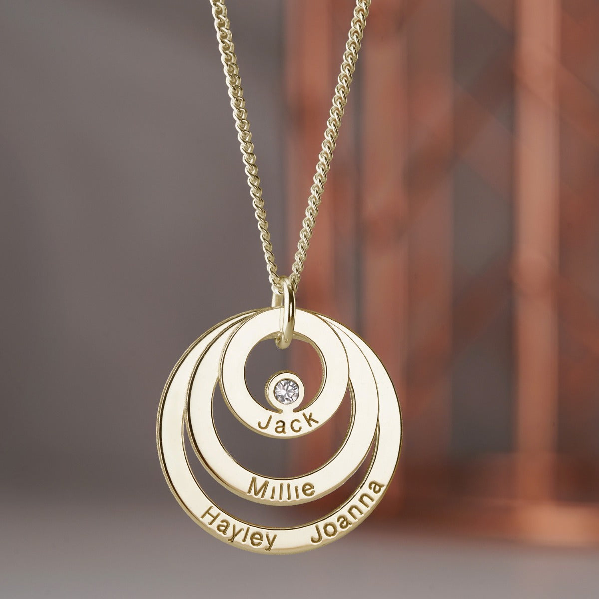 9ct Yellow Gold Vermeil Triple Disc Personalised Family Circle Necklace With Diamond or Crystal