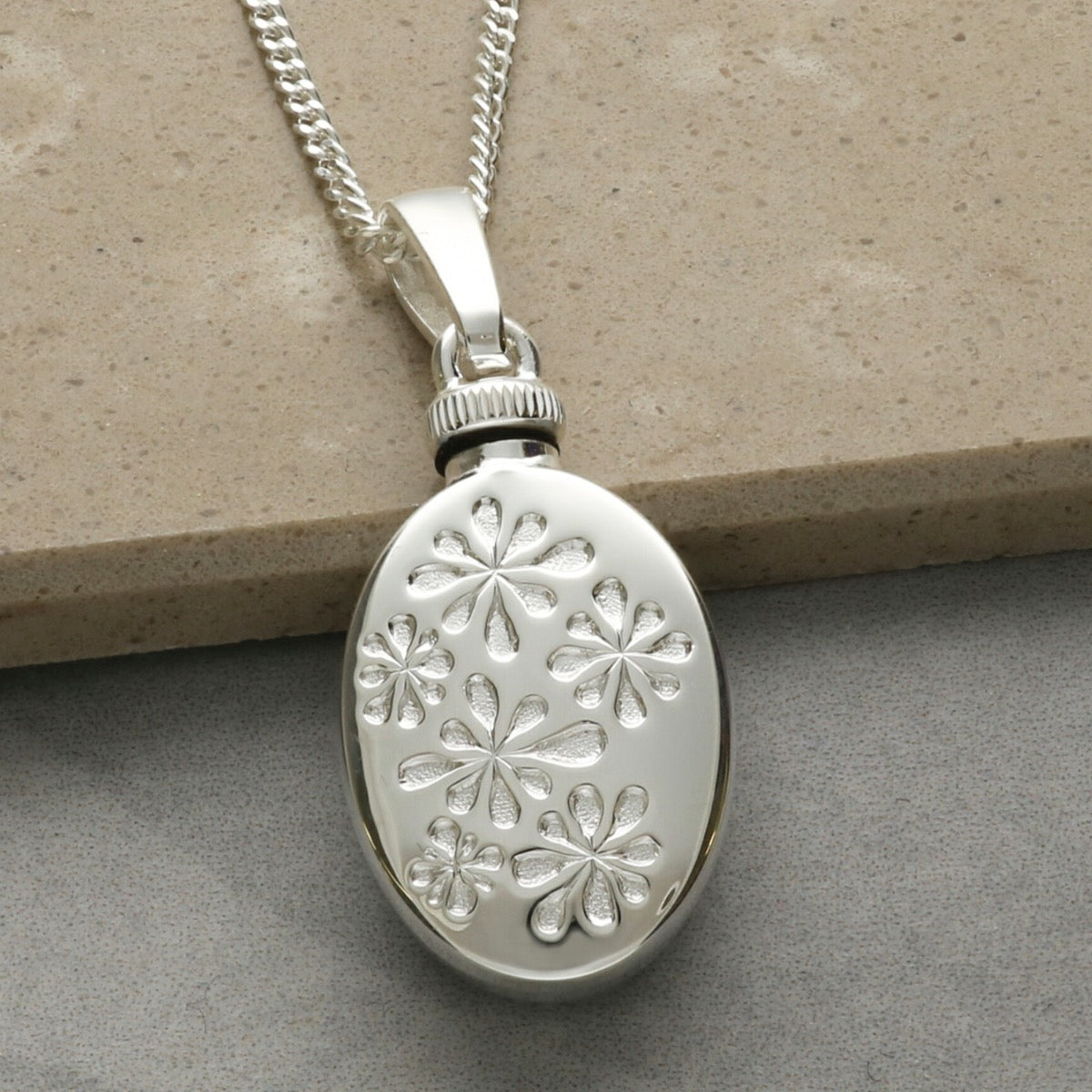 Sterling Silver Teardrop Petals Oval Urn Cremation Ashes Pendant With Optional Engraving & Chain