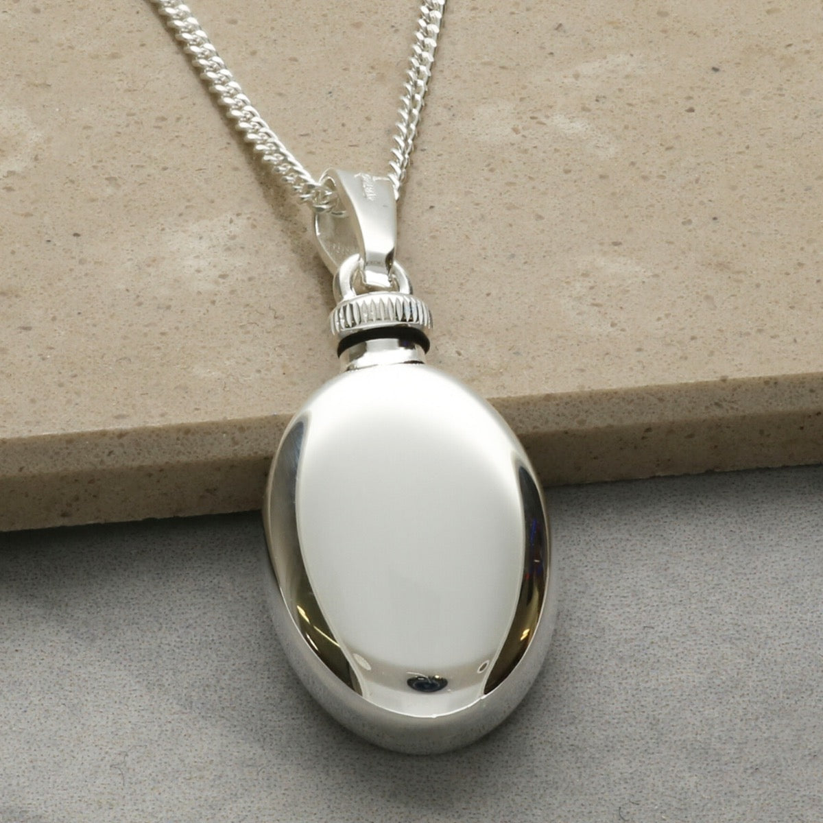 Sterling Silver Teardrop Petals Oval Urn Cremation Ashes Pendant With Optional Engraving & Chain