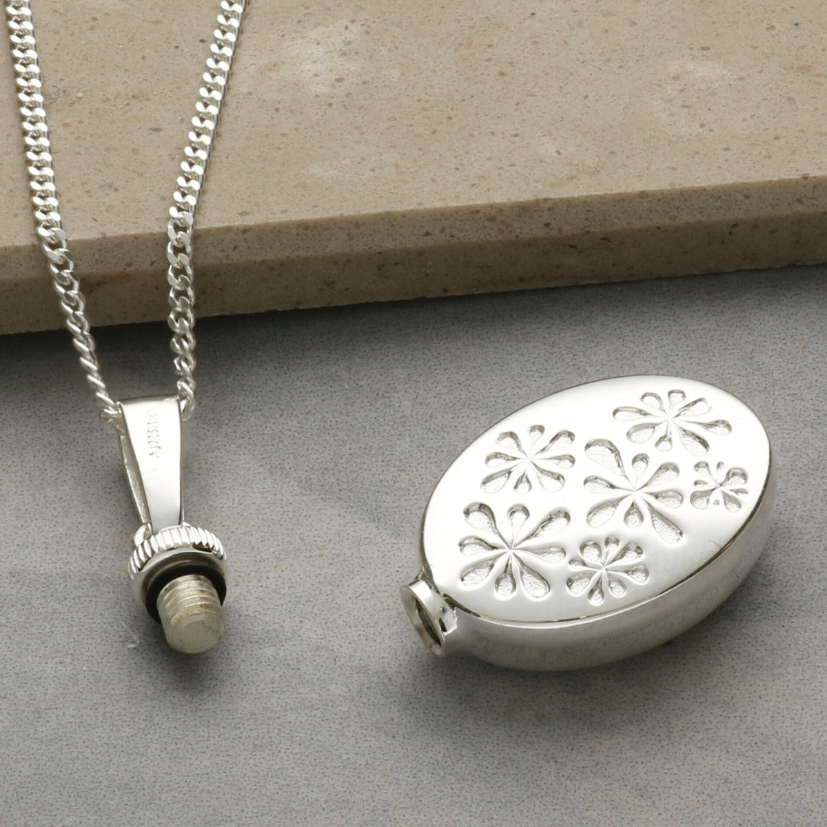 Sterling Silver Teardrop Petals Oval Urn Cremation Ashes Pendant With Optional Engraving & Chain