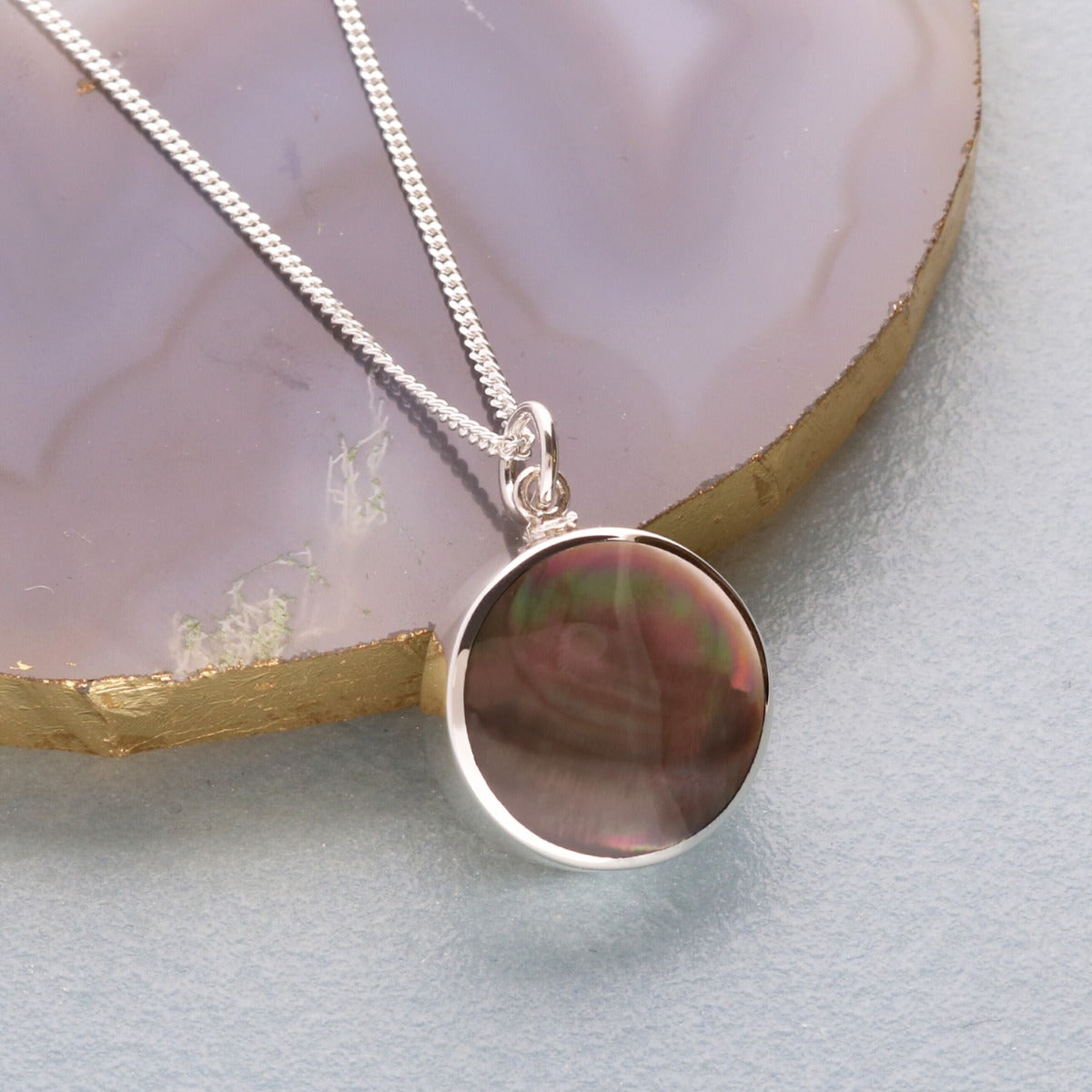 Sterling Silver Round Mother Of Pearl Urn Cremation Ashes Pendant With Optional Engraving & Chain