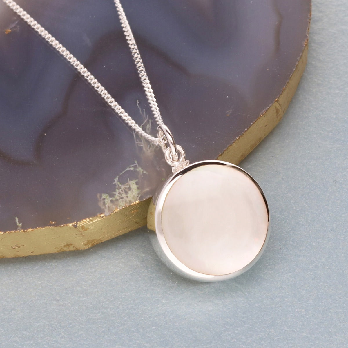 Sterling Silver Round Mother Of Pearl Urn Cremation Ashes Pendant With Optional Engraving & Chain