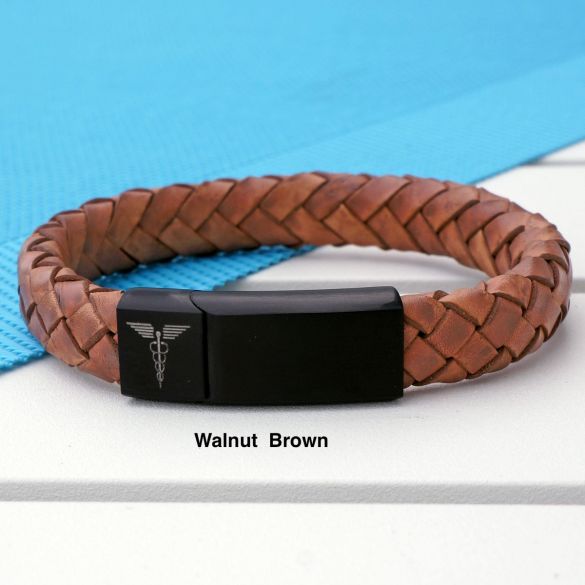 Unisex Leather and Stainless Steel Medic Bracelet with Free Engraving