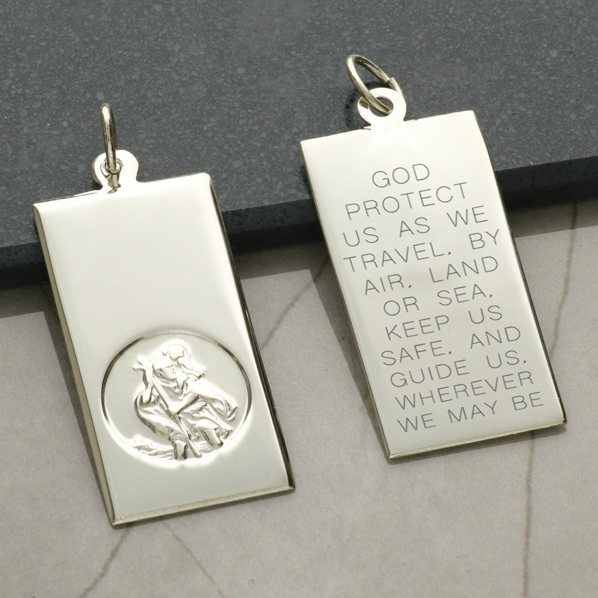 9ct White Gold Large St Christopher Ingot With Travellers Prayer Optional Engraving and Chain